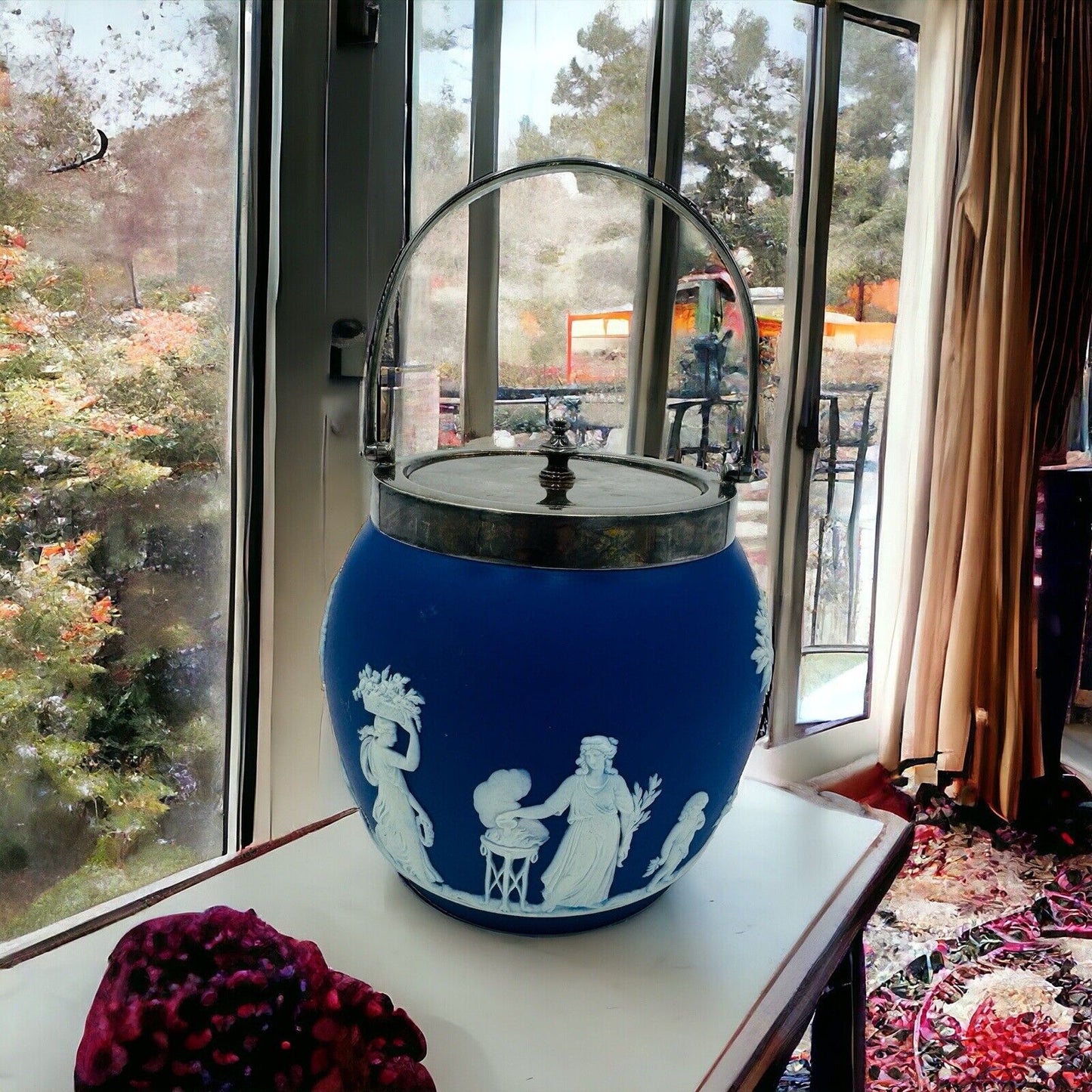 Wedgwood Jasperware Dark Blue Biscuit Lid Dipped White Round Cookie Jar 1930’s