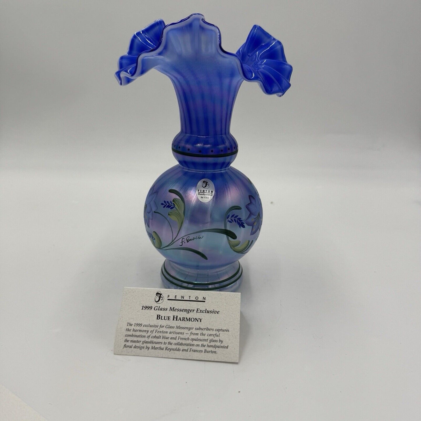 Fenton Art Glass 1999 Messenger Exclusive Blue Harmony Vase Signed Dan Fenton