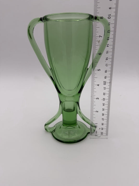 Fostoria Art Glass TUT Green Uranium Trophy Double Handle Flower VASE 8” Flawed)