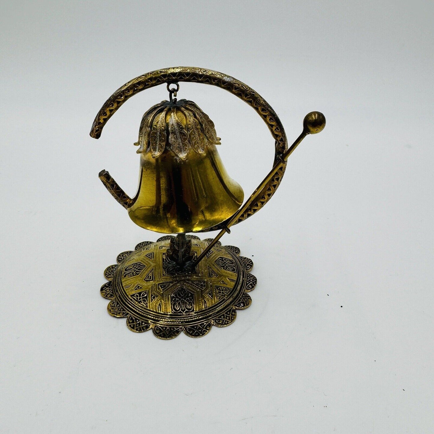 Brass Miniature Gong Ornate Bell Embossed 4in H Vintage Home Decor