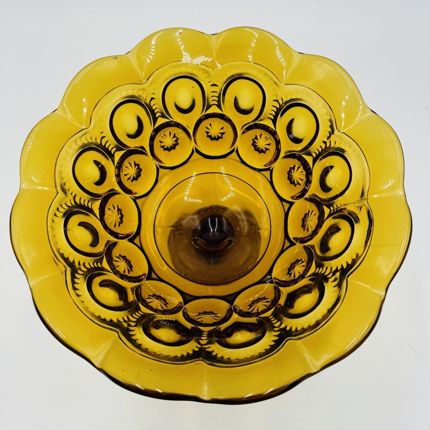 L.E. Smith Moon & Stars Amber Art Glass Pedestal Candy Bowl Dish 7in x 8in