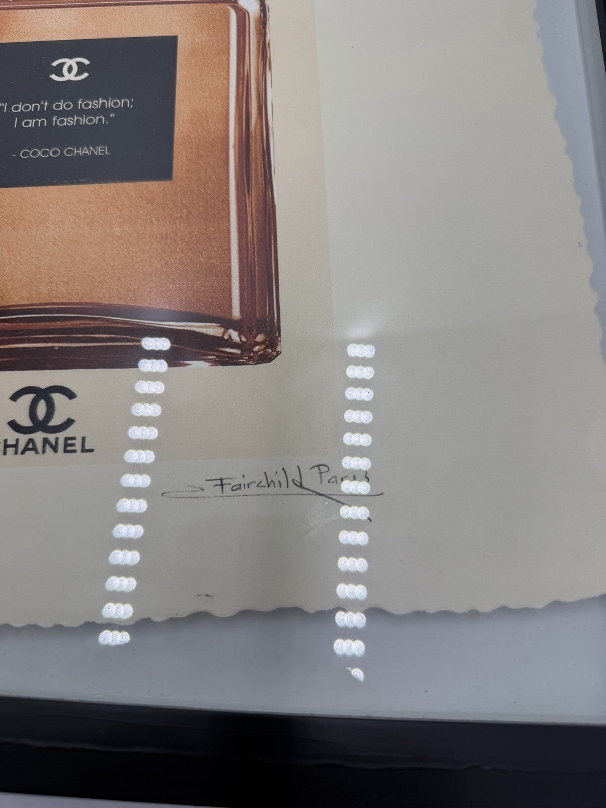 Fairchild Paris Pop Art Print Coco Chanel RM Gold Perfume Bottle Framed 15”x15”