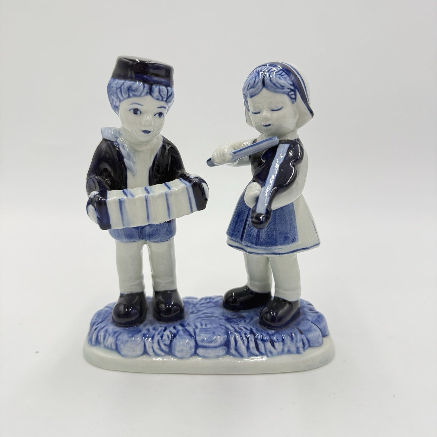 Delft Blue Pottery Dutch Boy & Girl Hand Painted Musician Figurine 5” Vintage