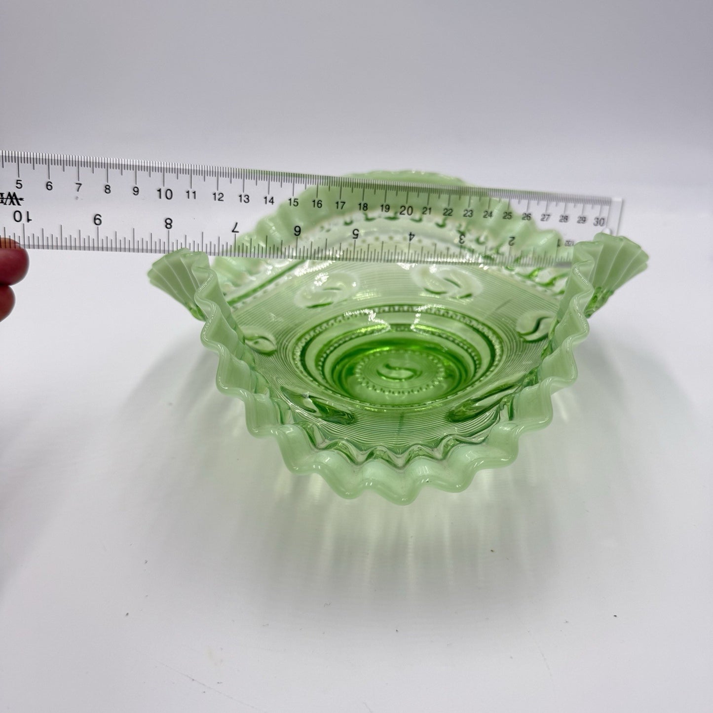 Vintage 1905 Jefferson Art Glass Astro Green Opalescent Art Bowl Ruffled Rim 8"