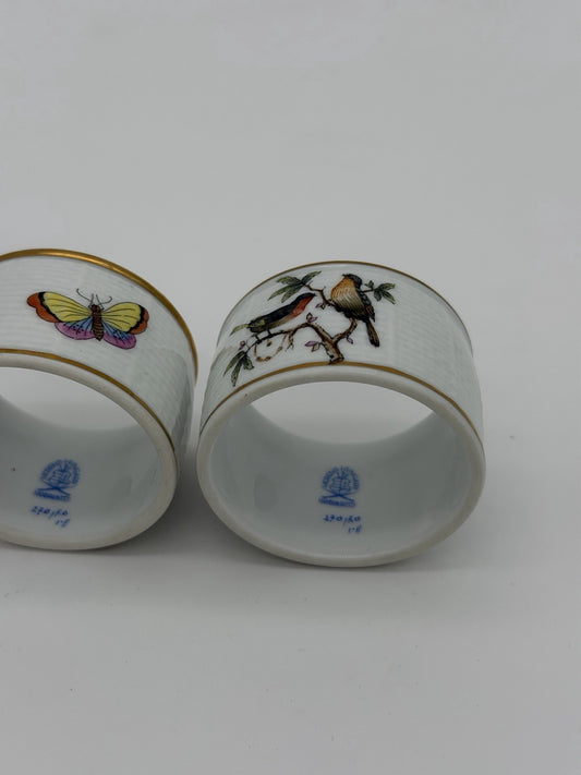 Herend Hungary Rothschild Napkin Rings Porcelain Vintage Painted Birds Butterfly