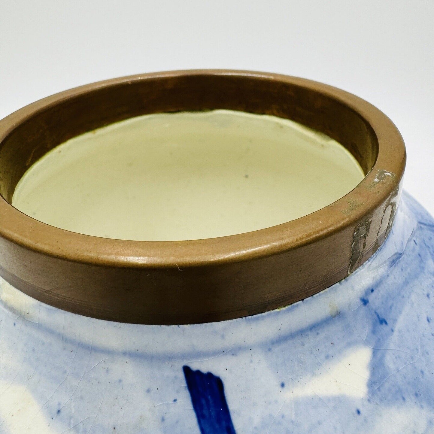 Rare Delft White & Blue Pottery Dutch Bronze Rim Nautical Antique Unmarked 6in H