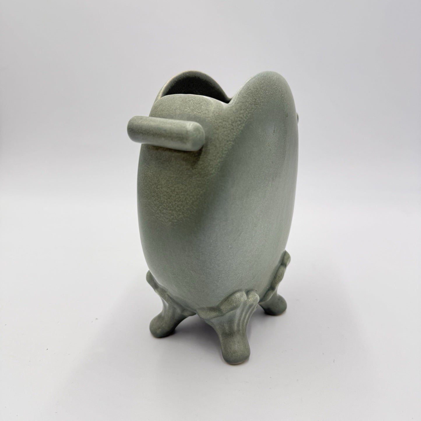 Celadon Art Pottery Green Footed Vase Double Handle Chinese 6.5”h X 2”w X 5.5”