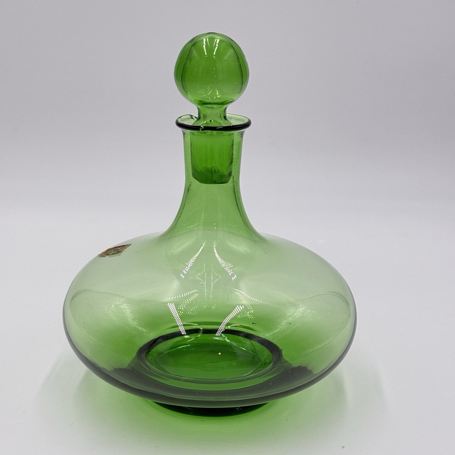 MCM Peedee Art Glass Green Decanter Italy 7” W/stopper Wayne Husted of Blenko