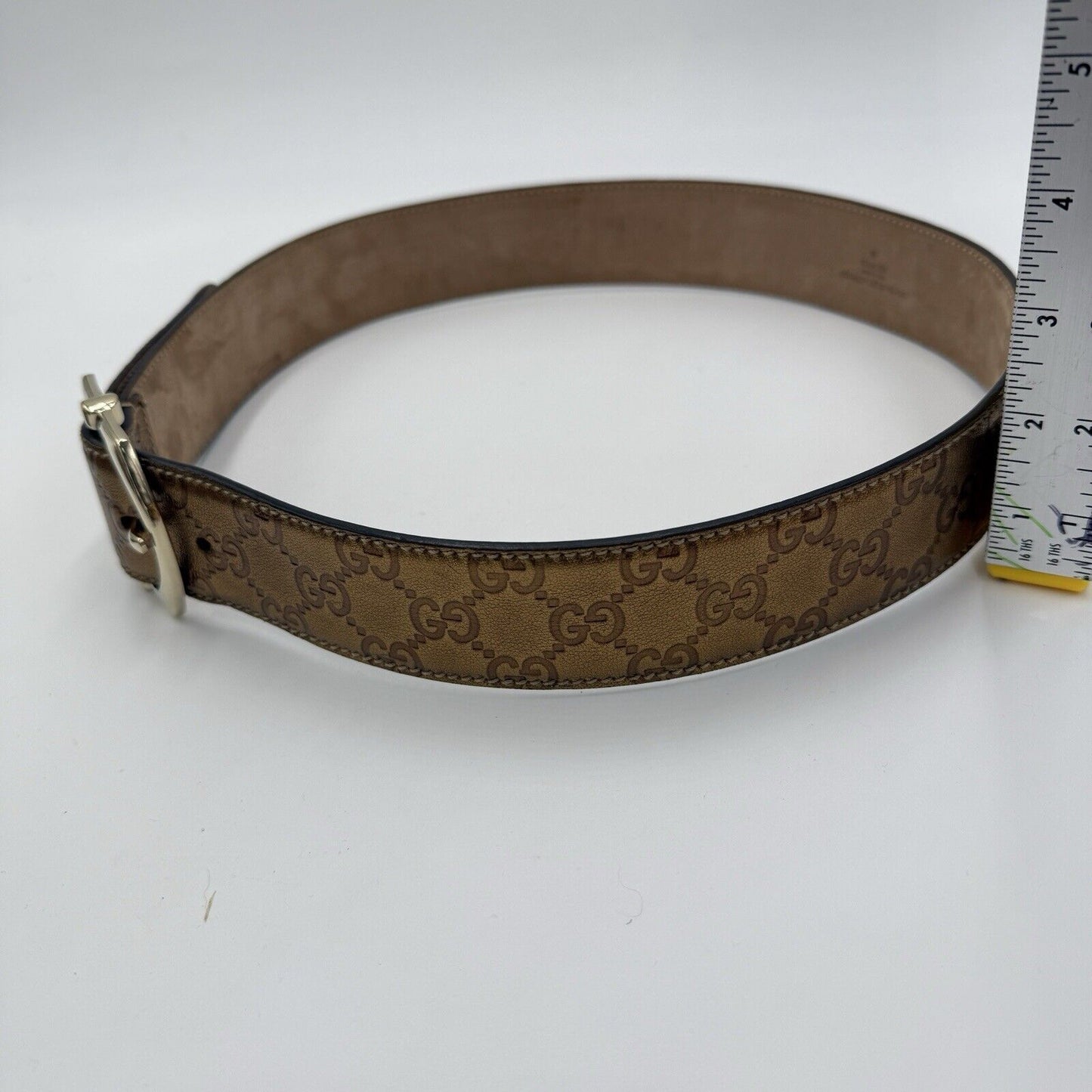 Gucci Bronze Metallic Guccissima Monogram Leather Belt Sz 85/34" Italy Authentic