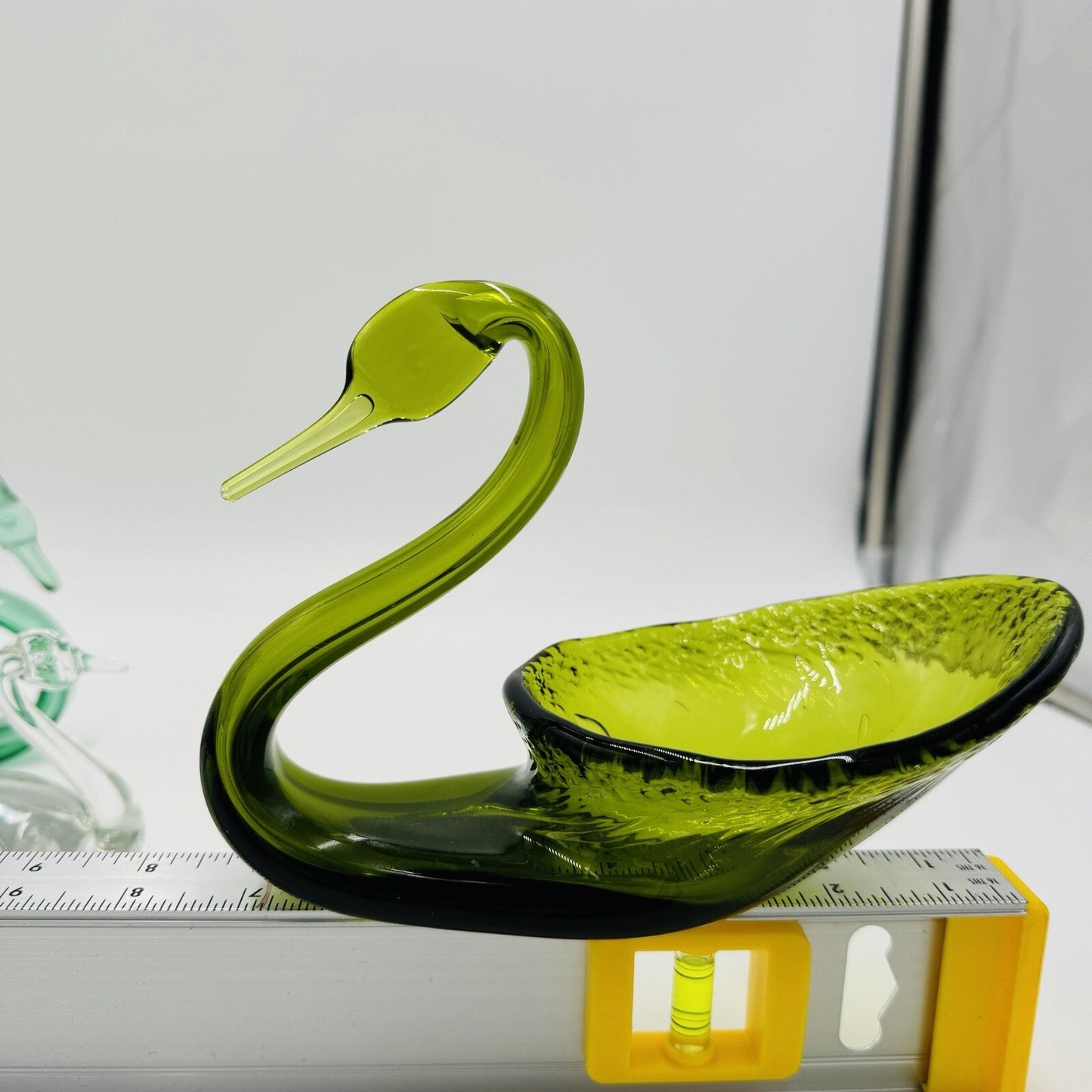 Viking Swan Figurines Art Glass Green Avocado Clear Vintage MCM Set 3 Pieces