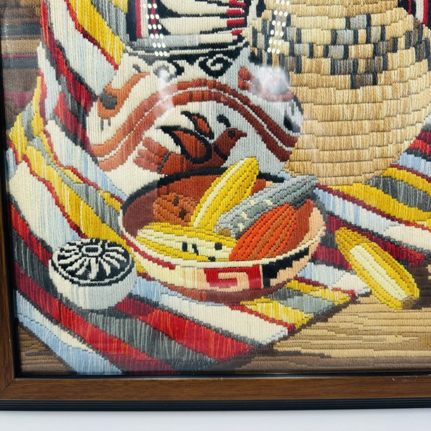 Rare Reinardy Native American Long-Stitch Needlepoint Basket Wall Art Framed