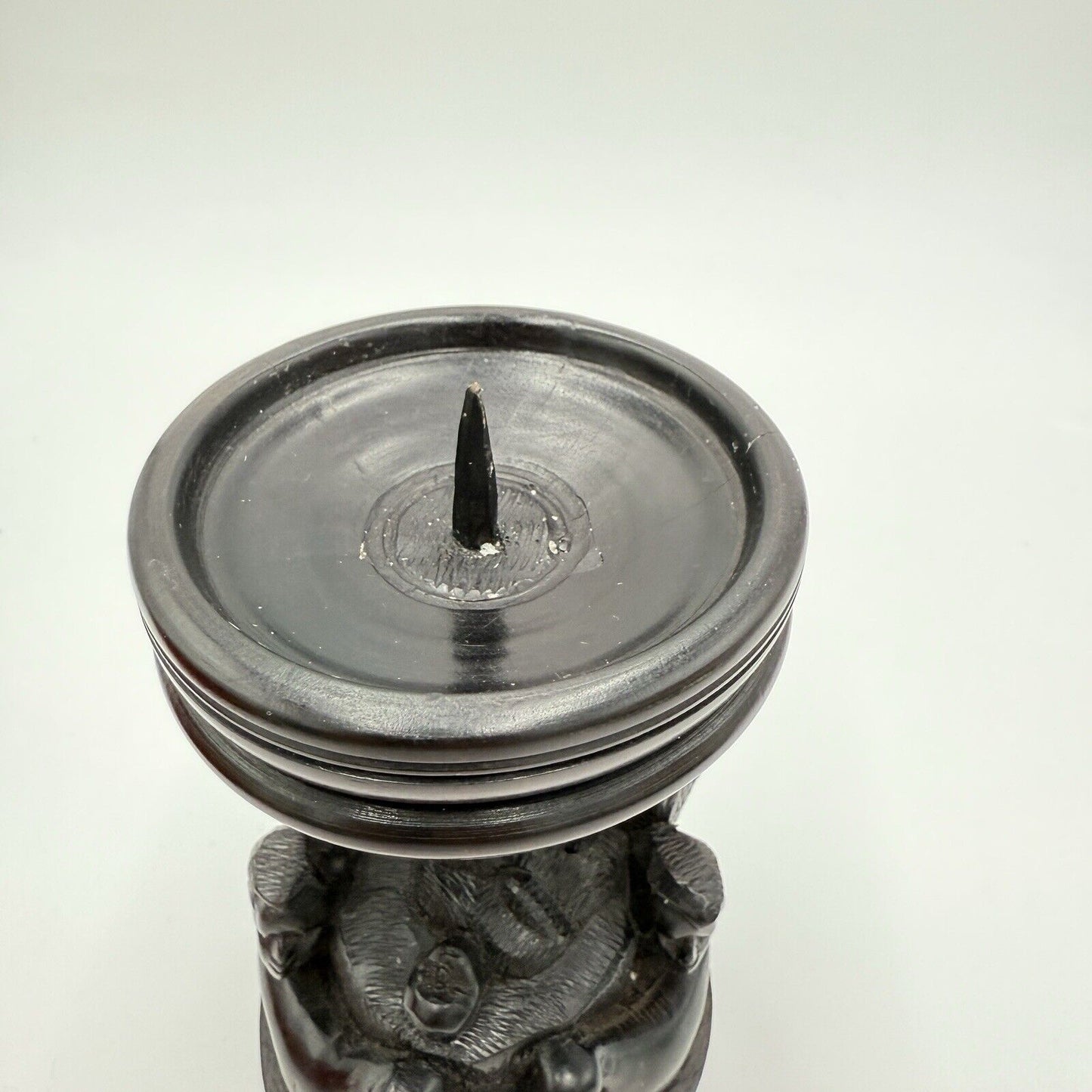 Vintage hand Carved Ebony Wood Nativity Candle Holder Solid Folk Art 6.5”