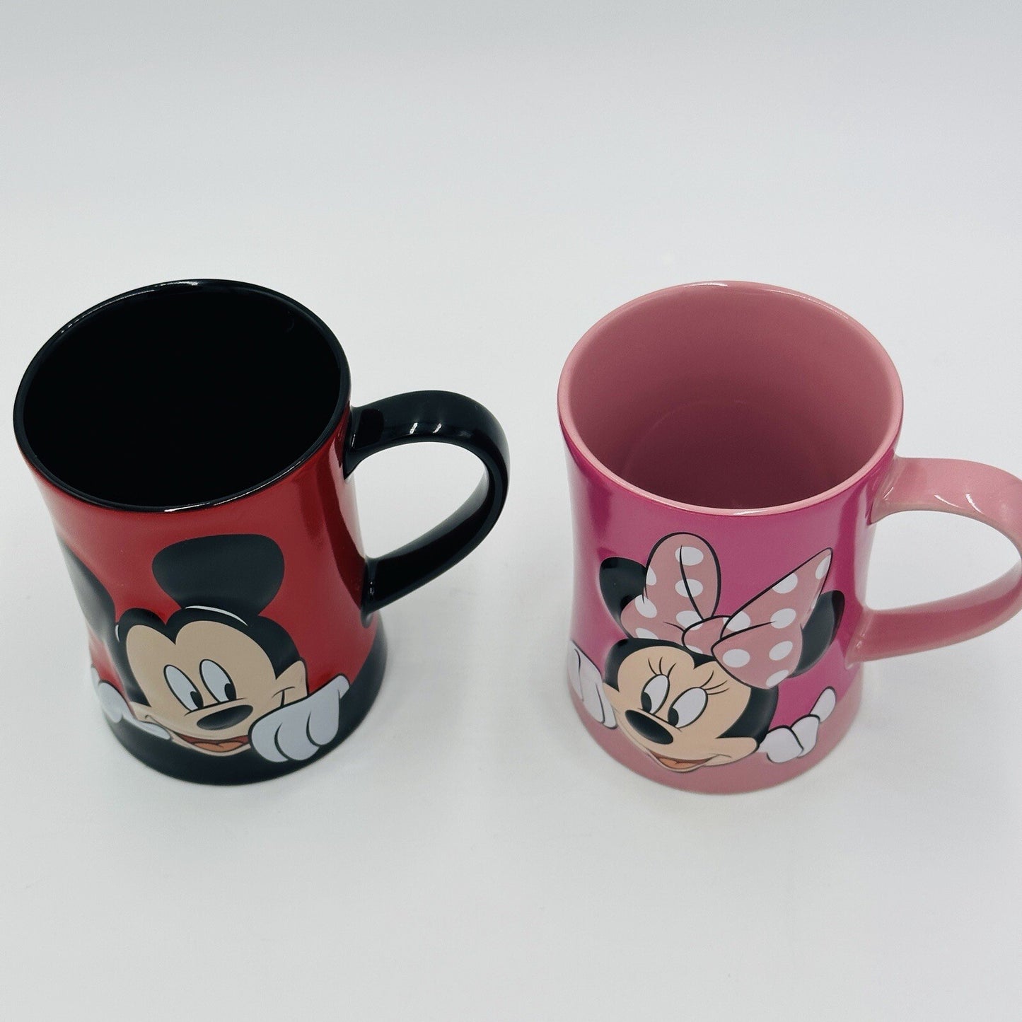 Disney Store Mugs Embossed Mickey And Minnie Mouse Pink And Red Coffee Set 2 USA