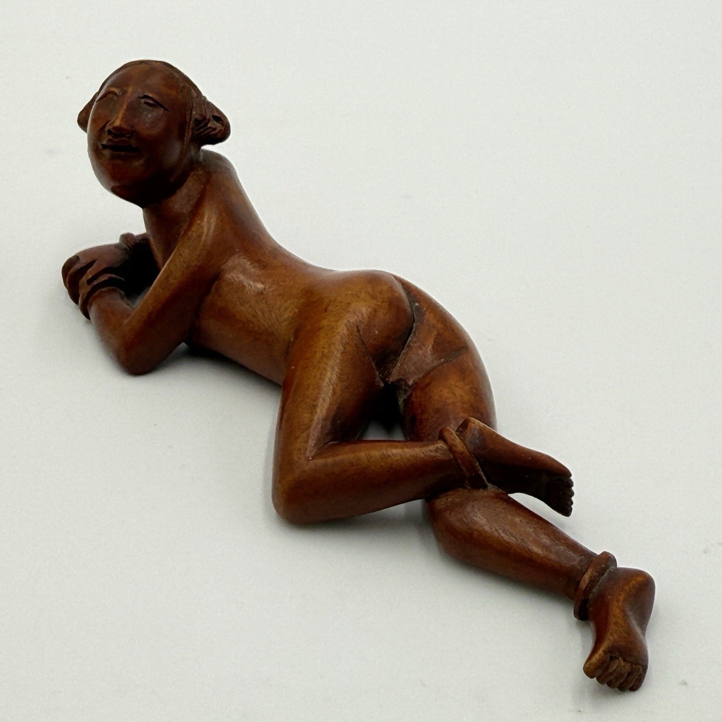 Antique Chinese Netsuke Wood Carved Women Posing Figurine Folk Art Hand Carved