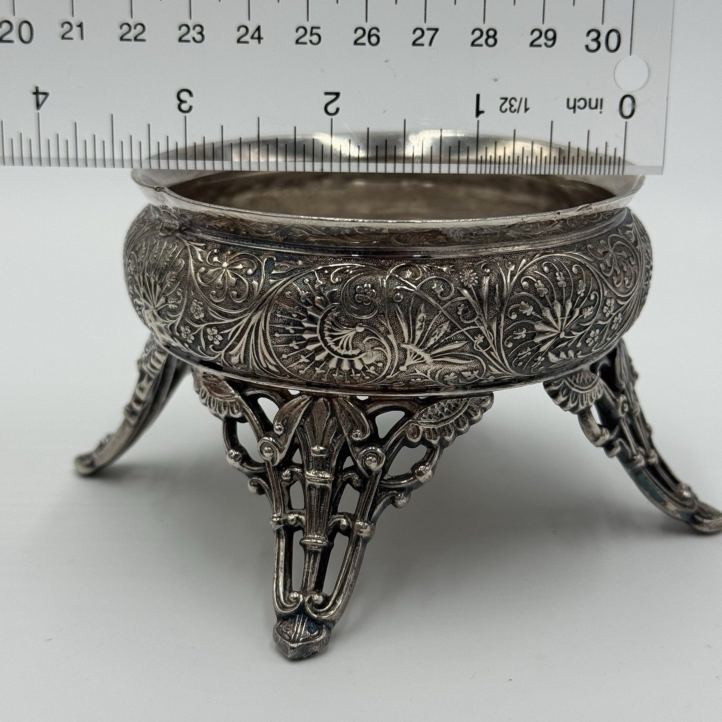 Antique Racine.SP. CO Silver Plate Salt Cellar Ornate Four Legs Rare 2.3”x3.3”