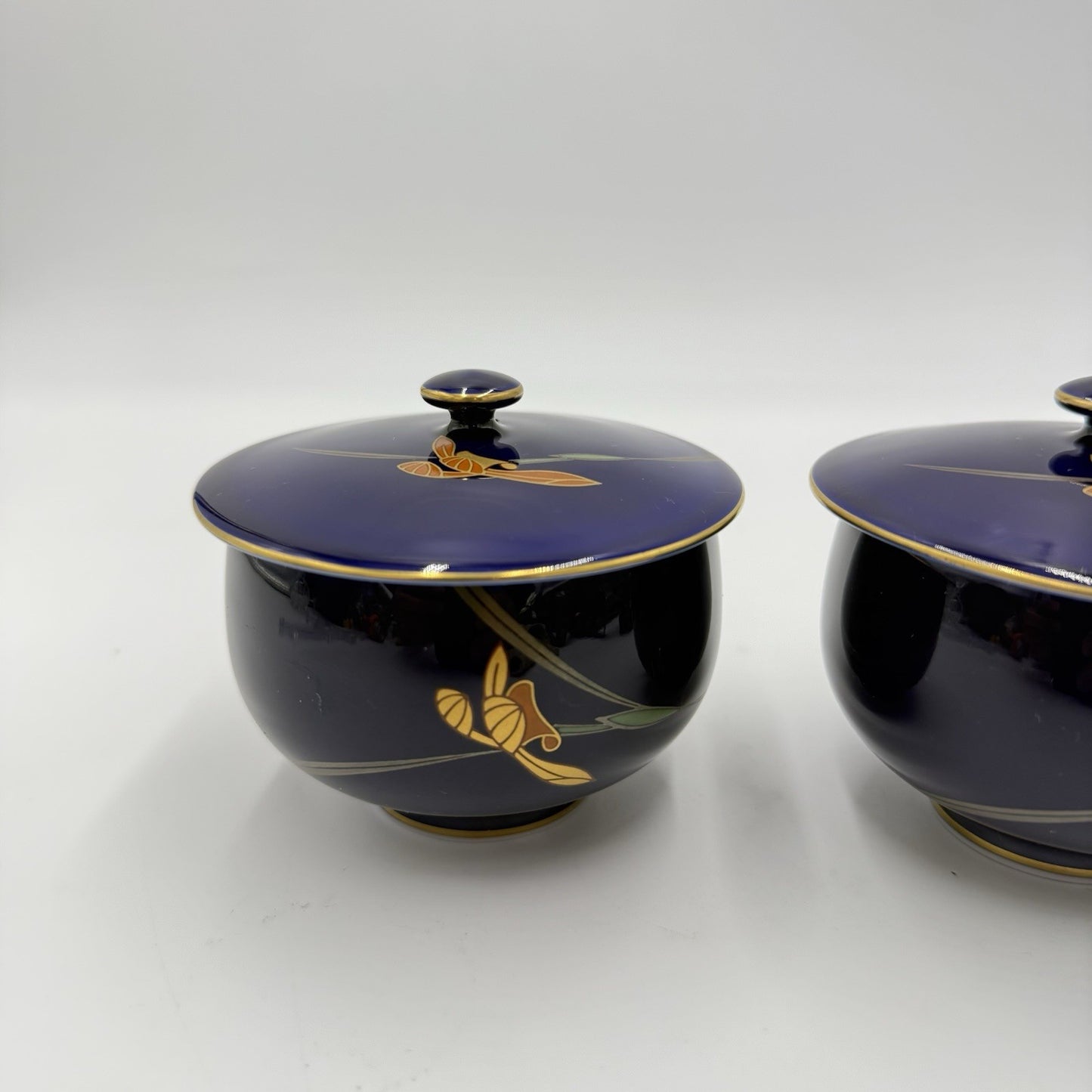 Arita Ware Retro Koransha Lapis Gold Tea Cups With Lid Blue Cobalt Porcelain