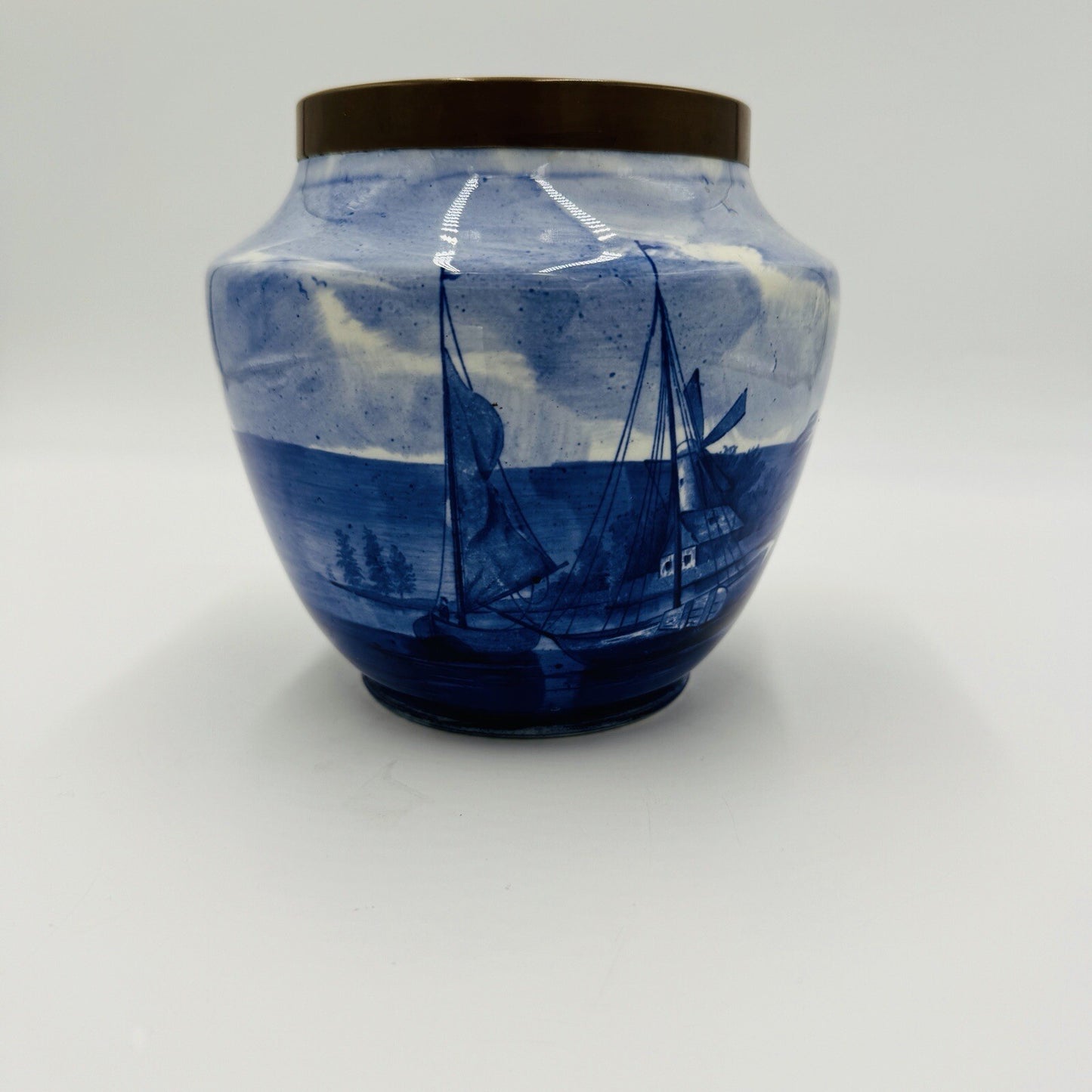 Rare Delft White & Blue Pottery Dutch Bronze Rim Nautical Antique Unmarked 6in H