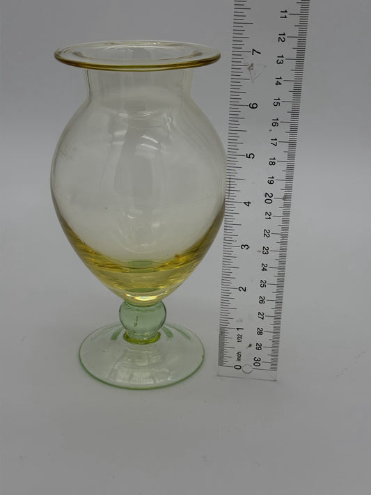 Vintage Tiffin art glass yellow w/green footed base Flower Vase 7”H Pedestal