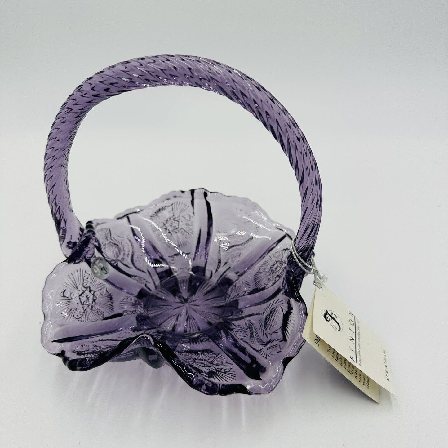 Fenton Basket 95th Anniversary Amethyst Thistle Pattern Home Decor Tags USA