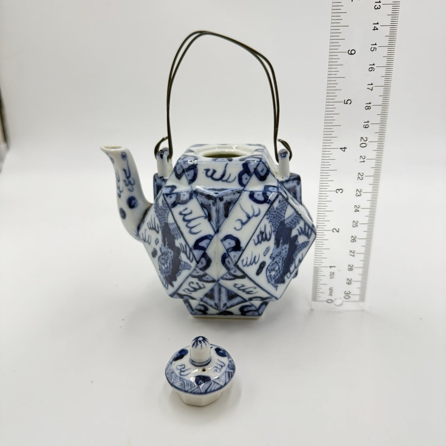Chinese Glazed Blue And White Porcelain Teapot Painted Dragons Kangxi Mark Small