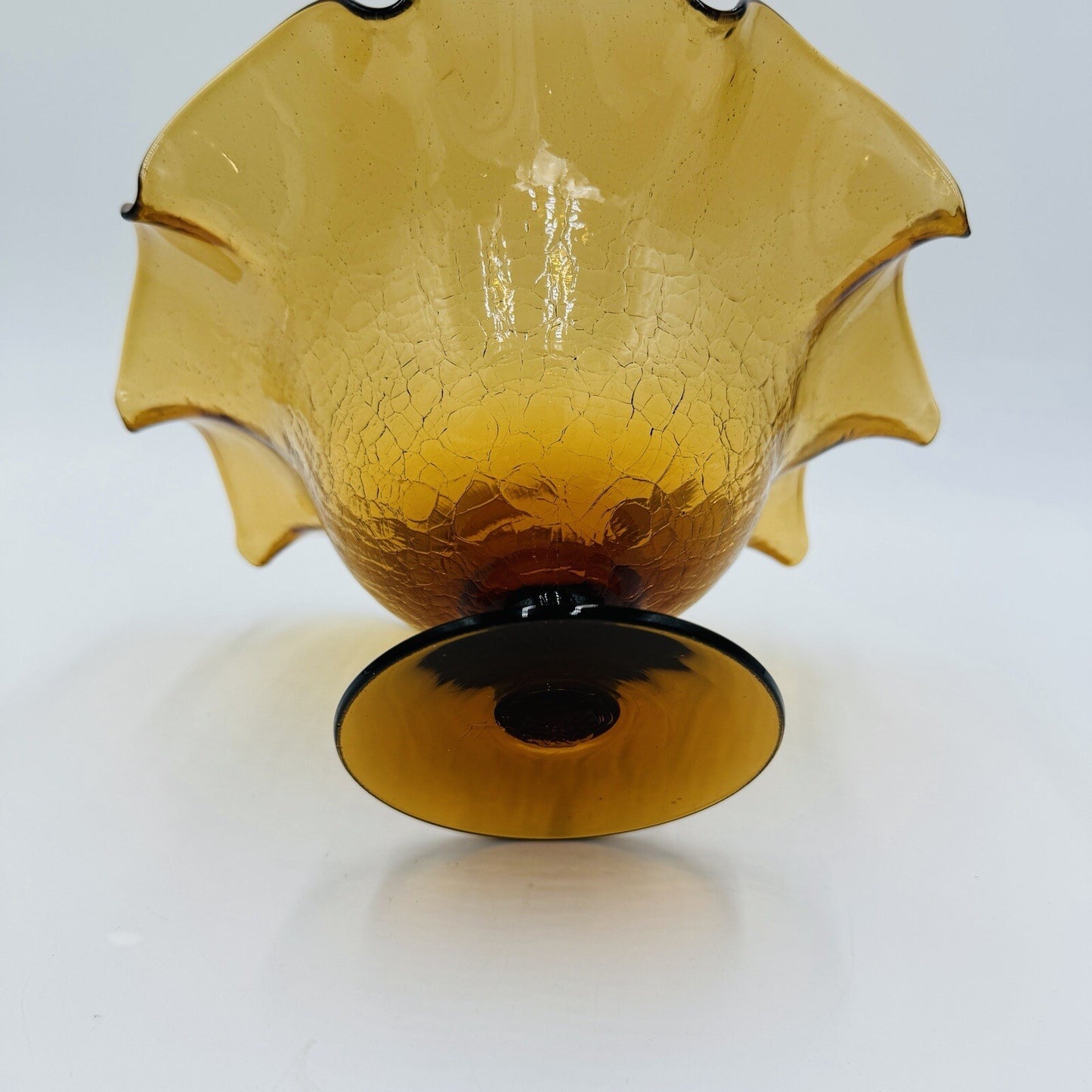 Blenko Art Glass Amberina Footed Vase Ruffled Crackled Compote 5.5in H x 9inW