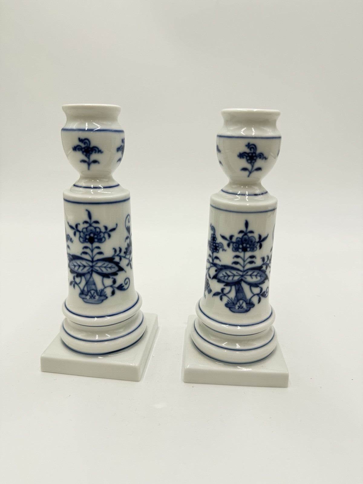 Antique Meissen Porcelain Blue Onion Candle Holder 6” Pair Germany Hand Painted