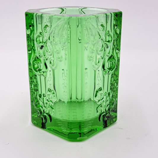 Vintage Tittot Art Glass Green Emerald Embossed Vase 3.5”H Candle Holder Votive