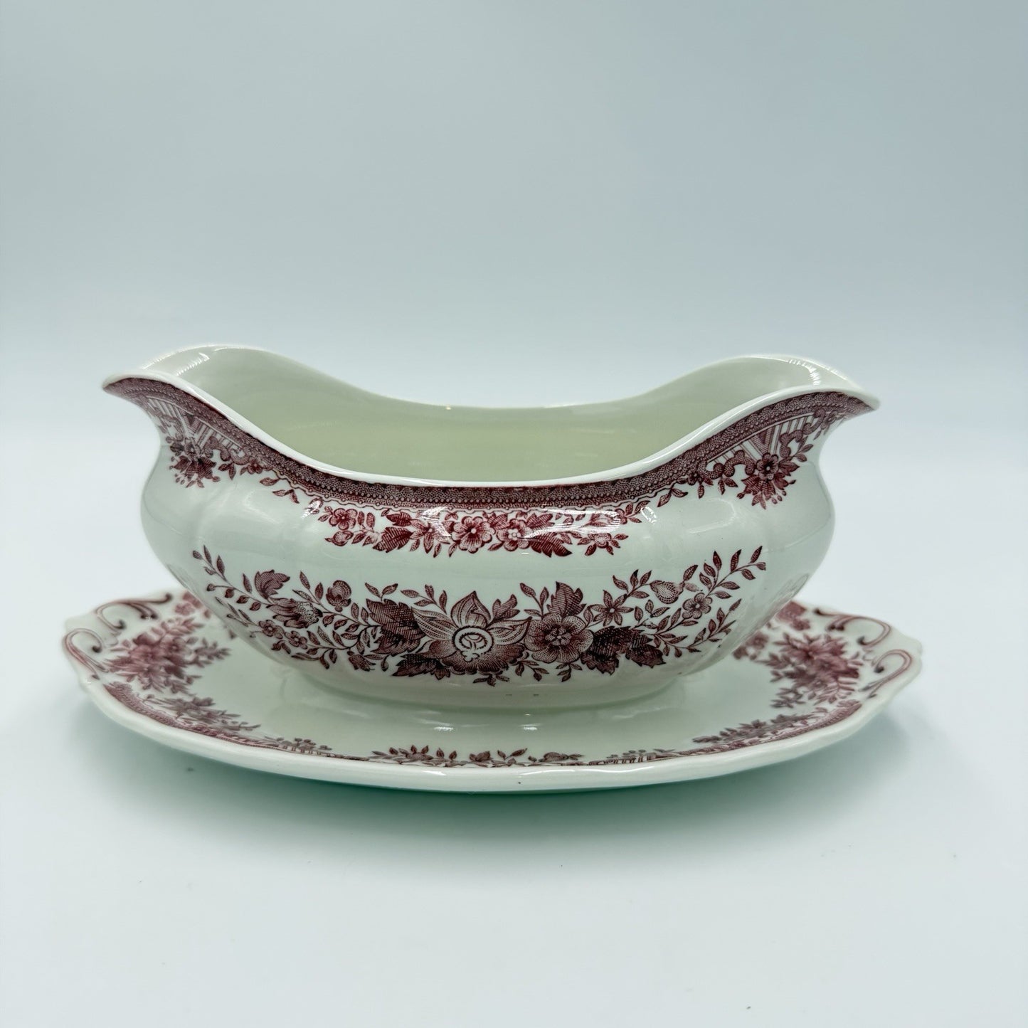 Vintage Villeroy & Boch Gravy Boat Porcelain Fasan Germany Red Floral Mettlach