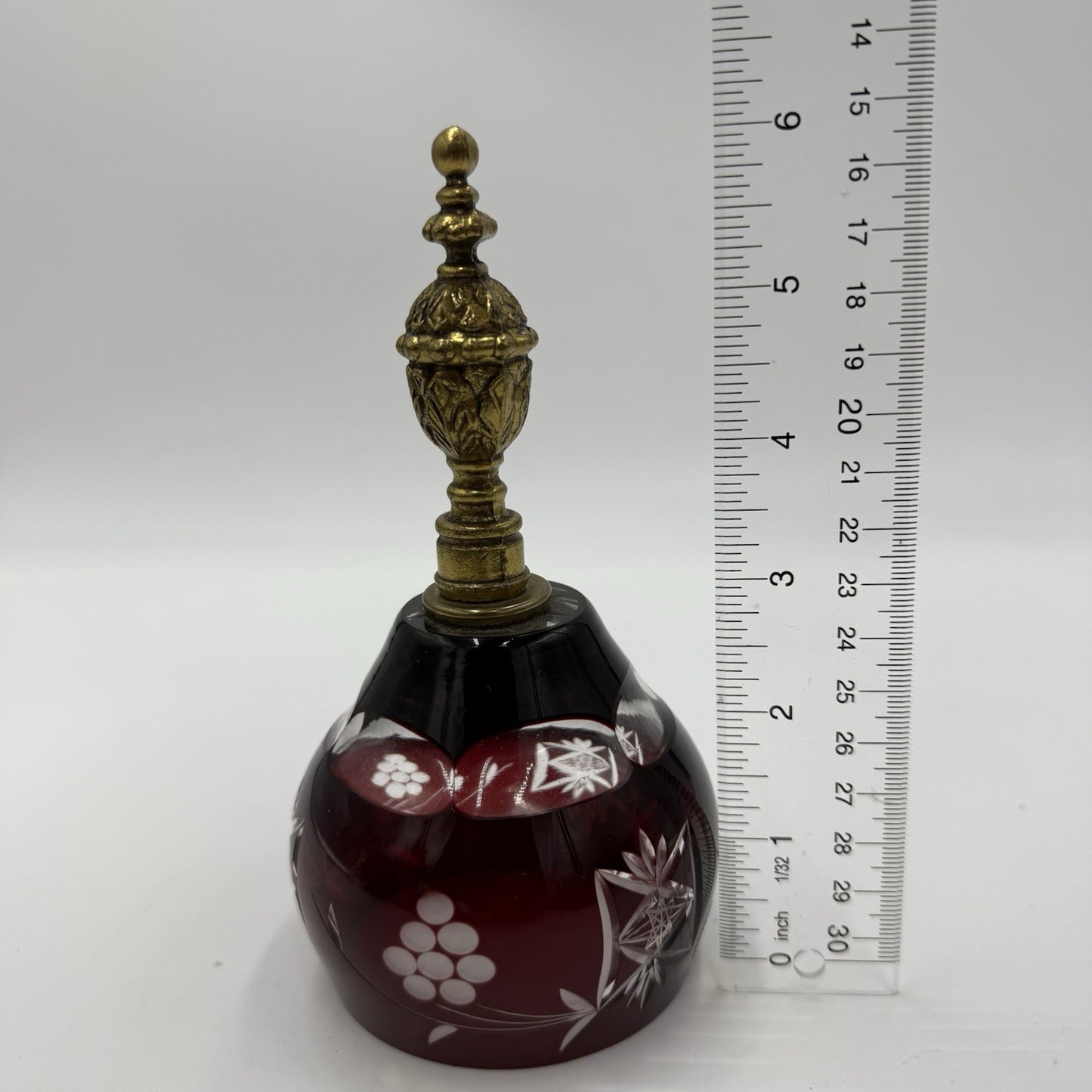 Vtg Ruby Red Art Cut Glass Crystal Bell Ornate Gold Tone Brass Handle Poland