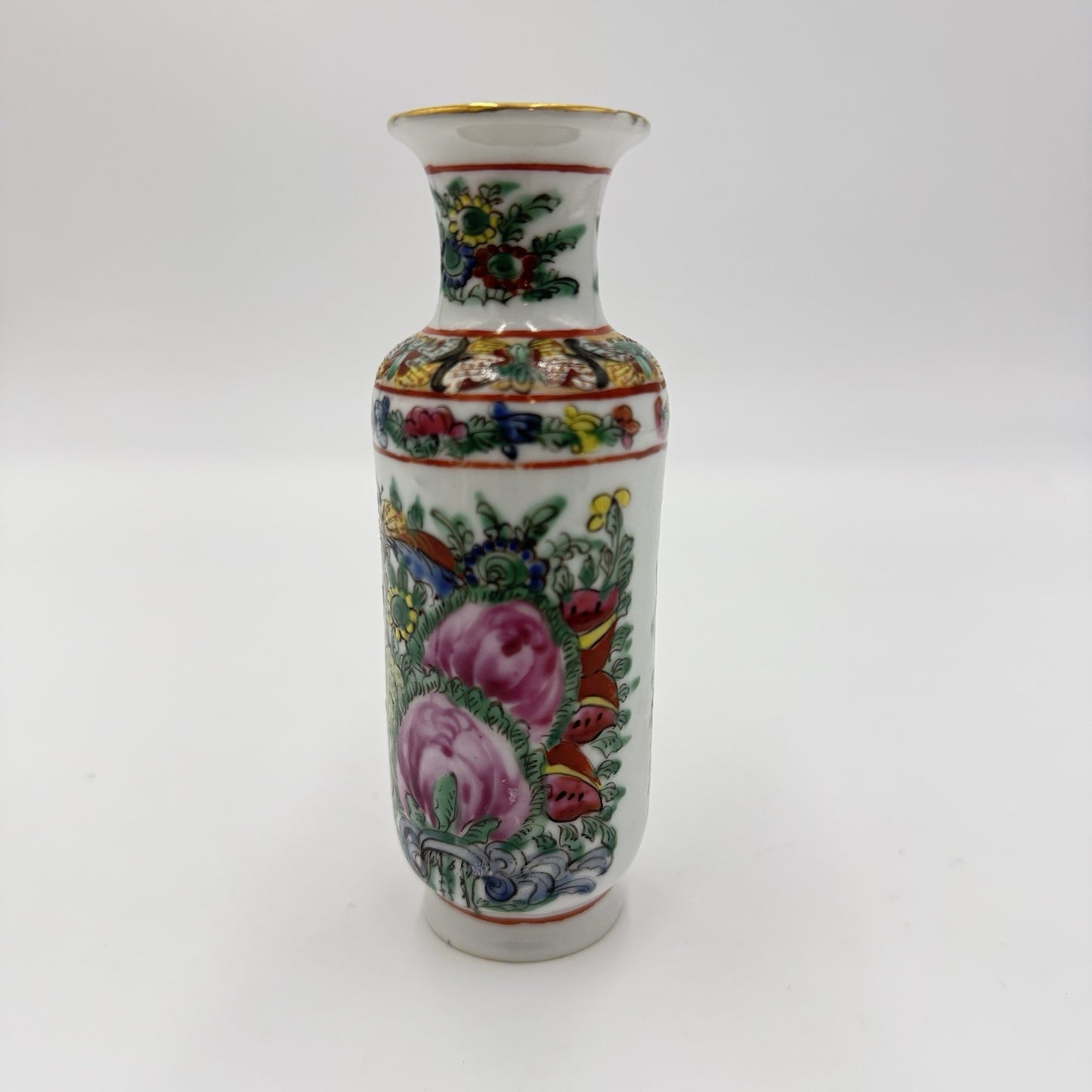 Vtg Chinese Famille Rose Canton 5” Vase Hand Painted Porcelain Made Hong Kong