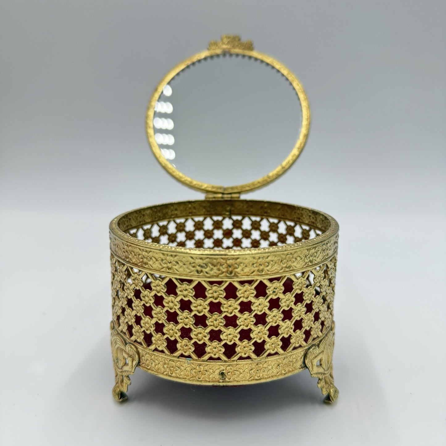 Vtg Ormolu Style Hollywood Regency Footed Circular Jewelry Box Red Velvet Ornate