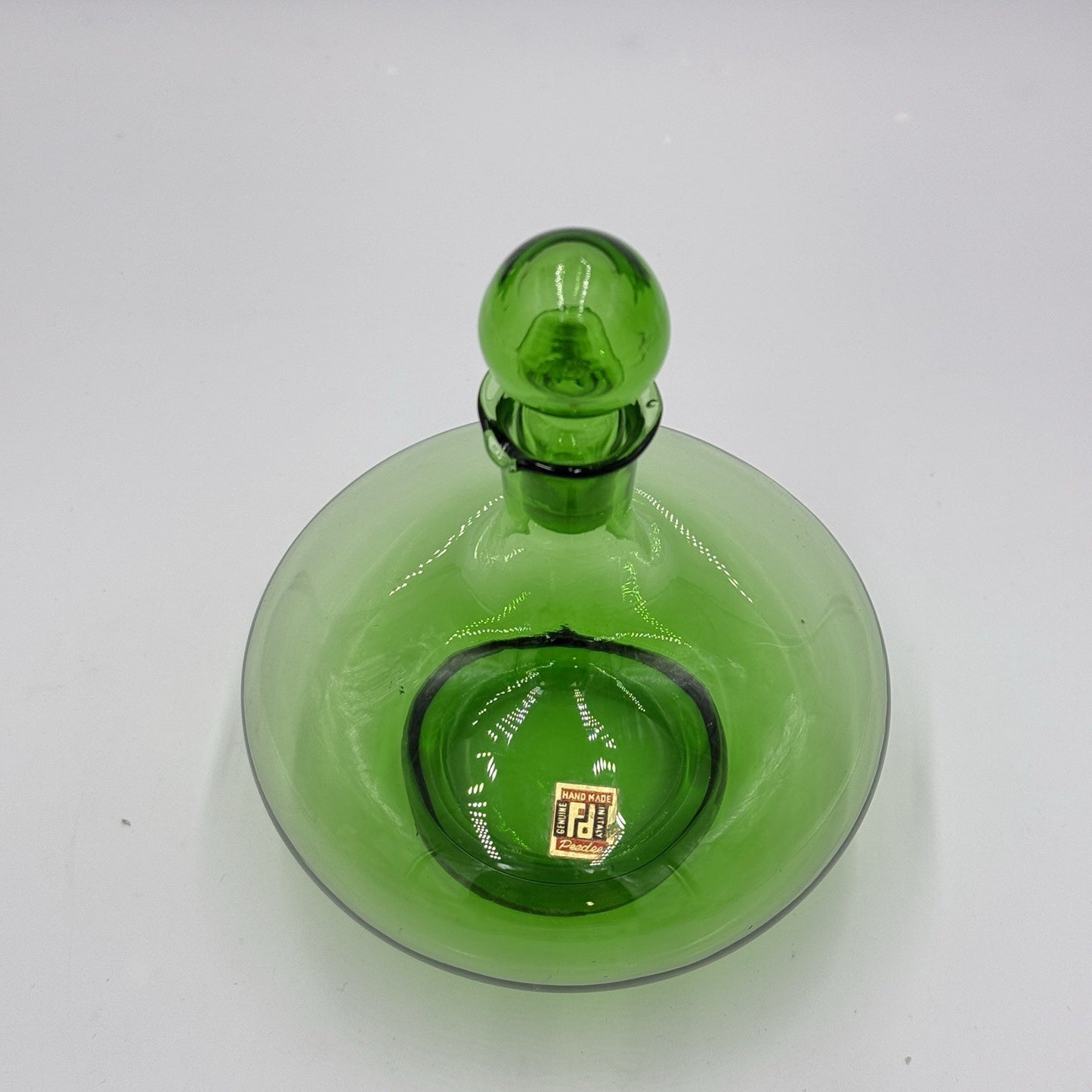 MCM Peedee Art Glass Green Decanter Italy 7” W/stopper Wayne Husted of Blenko
