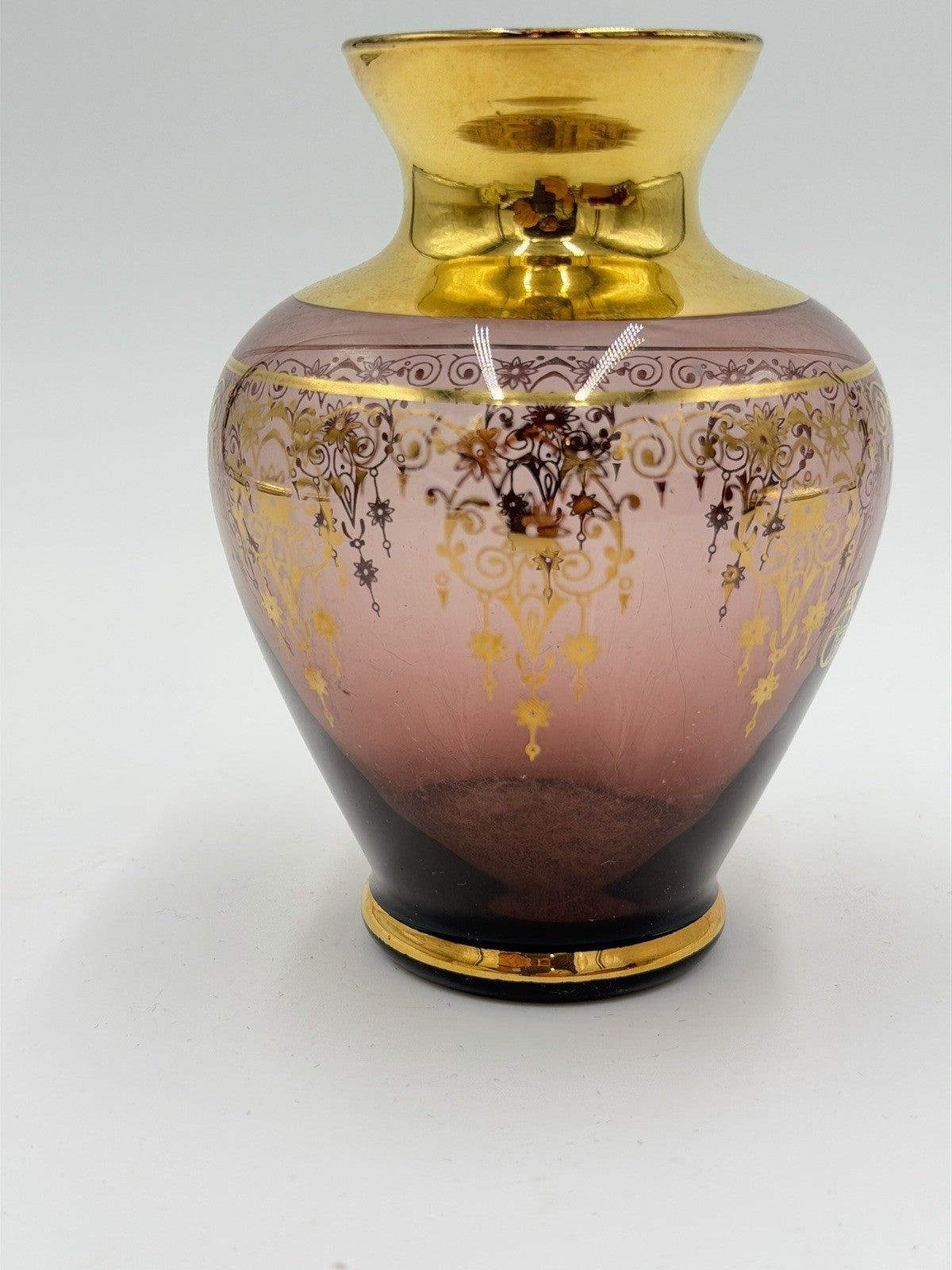 Ferro & Lazzarini Murano Italy Art Glass Purple Amethyst 22K Gold Inlay 5”H