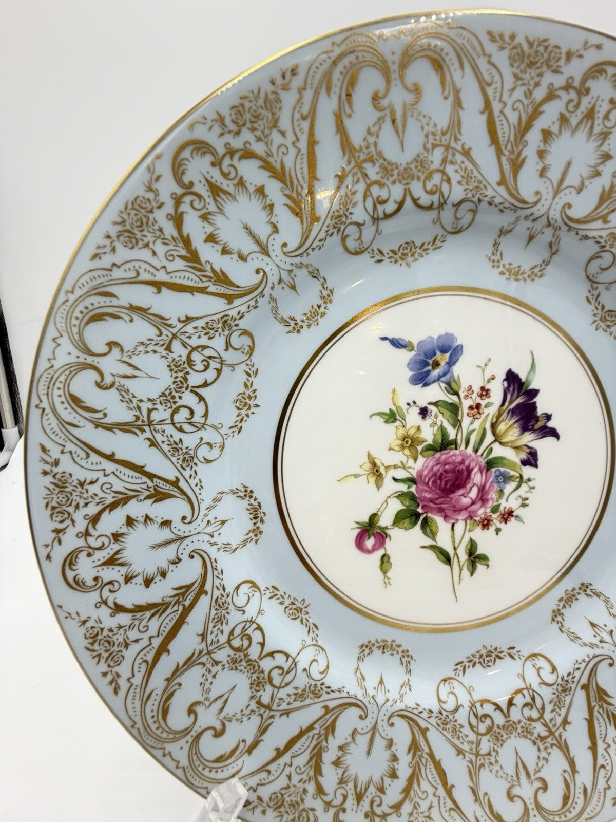 Royal Worcester England Embellished Floral Light Blue Gold Trim Dinner 10” Plate