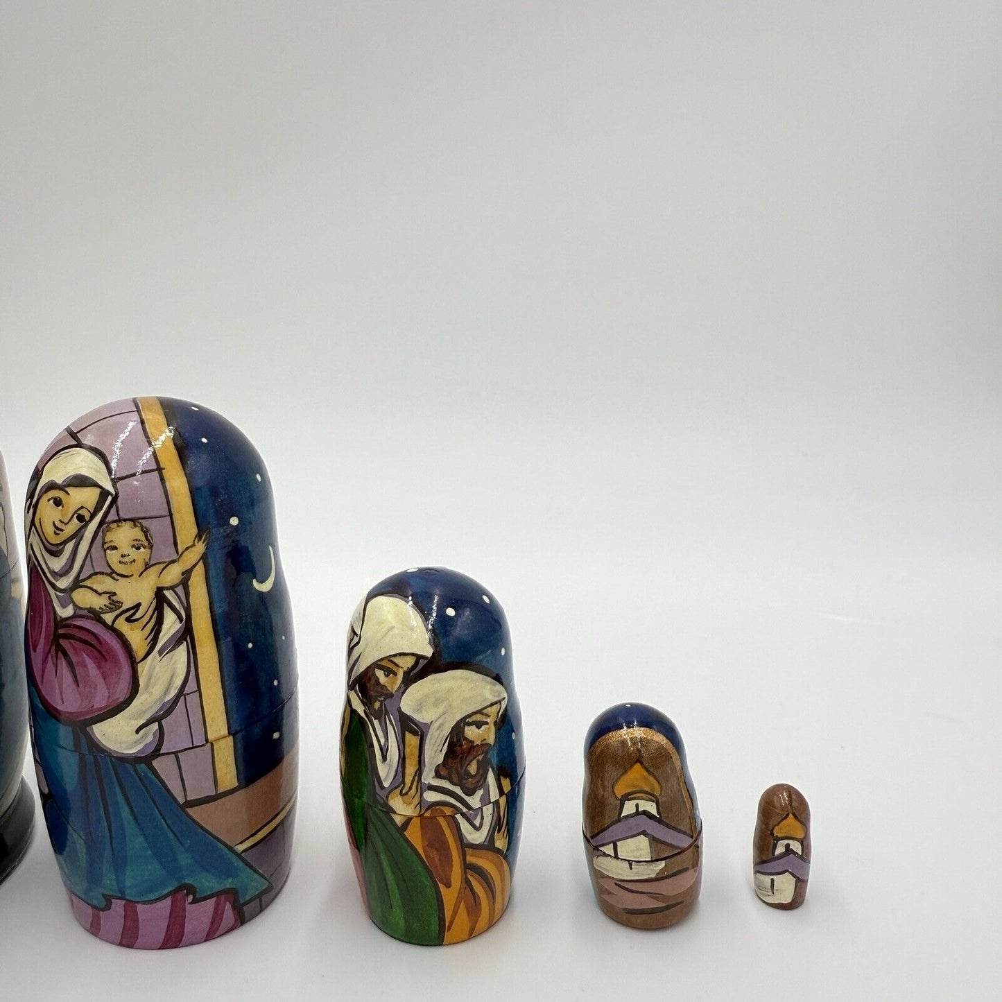 Rare Wooden Nativity Nesting Dolls Hand Painted 6” Holy Family Christmas 5 PCs