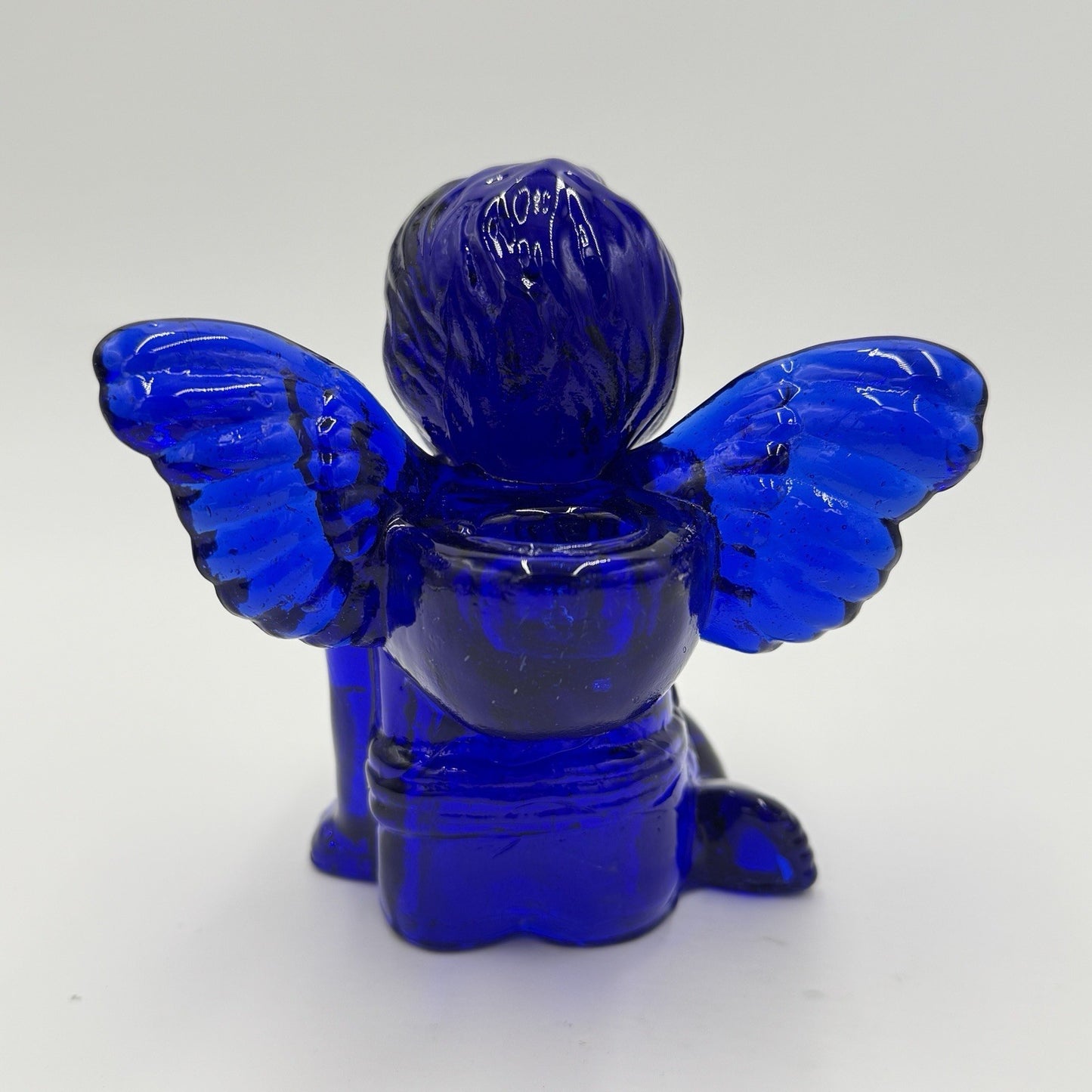 Vintage Art Glass Cherub Blue Cobalt Sitting Angel Candle Holder 5”