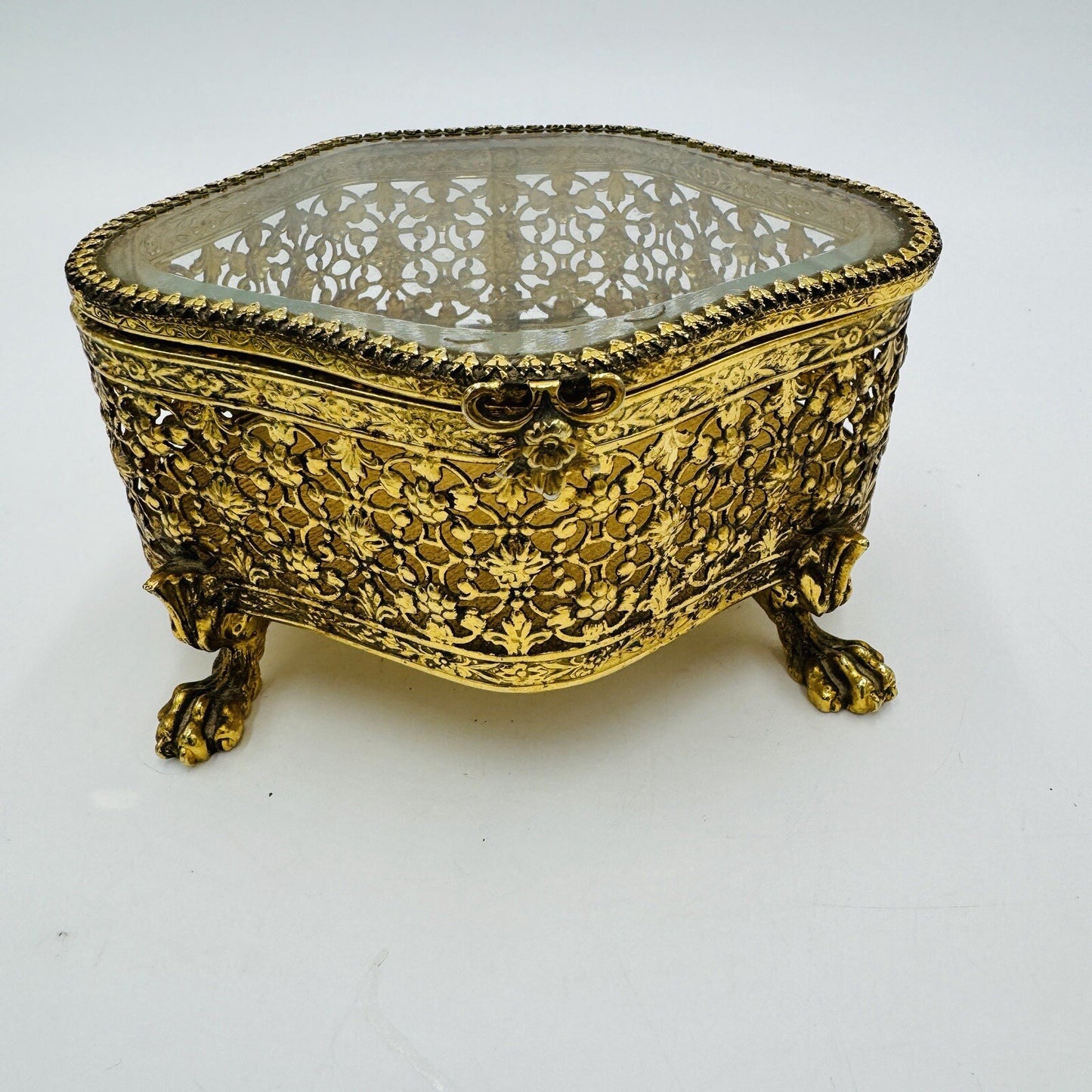 French Beveled Glass Gold Filigree Ormolu Jewelry Casket Box Claw Foot Vintage