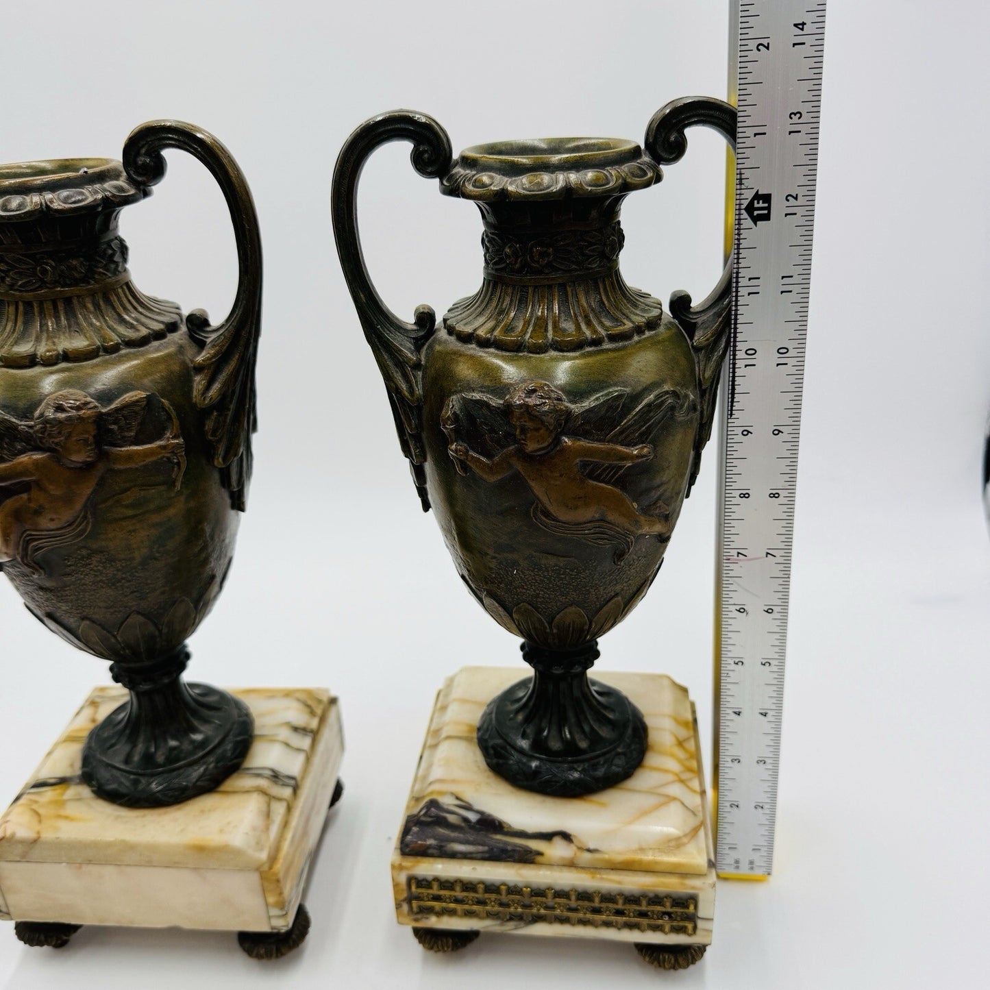 French metal vases rare 1800s Chateau ornate chimney cherubs marble base 13.5in