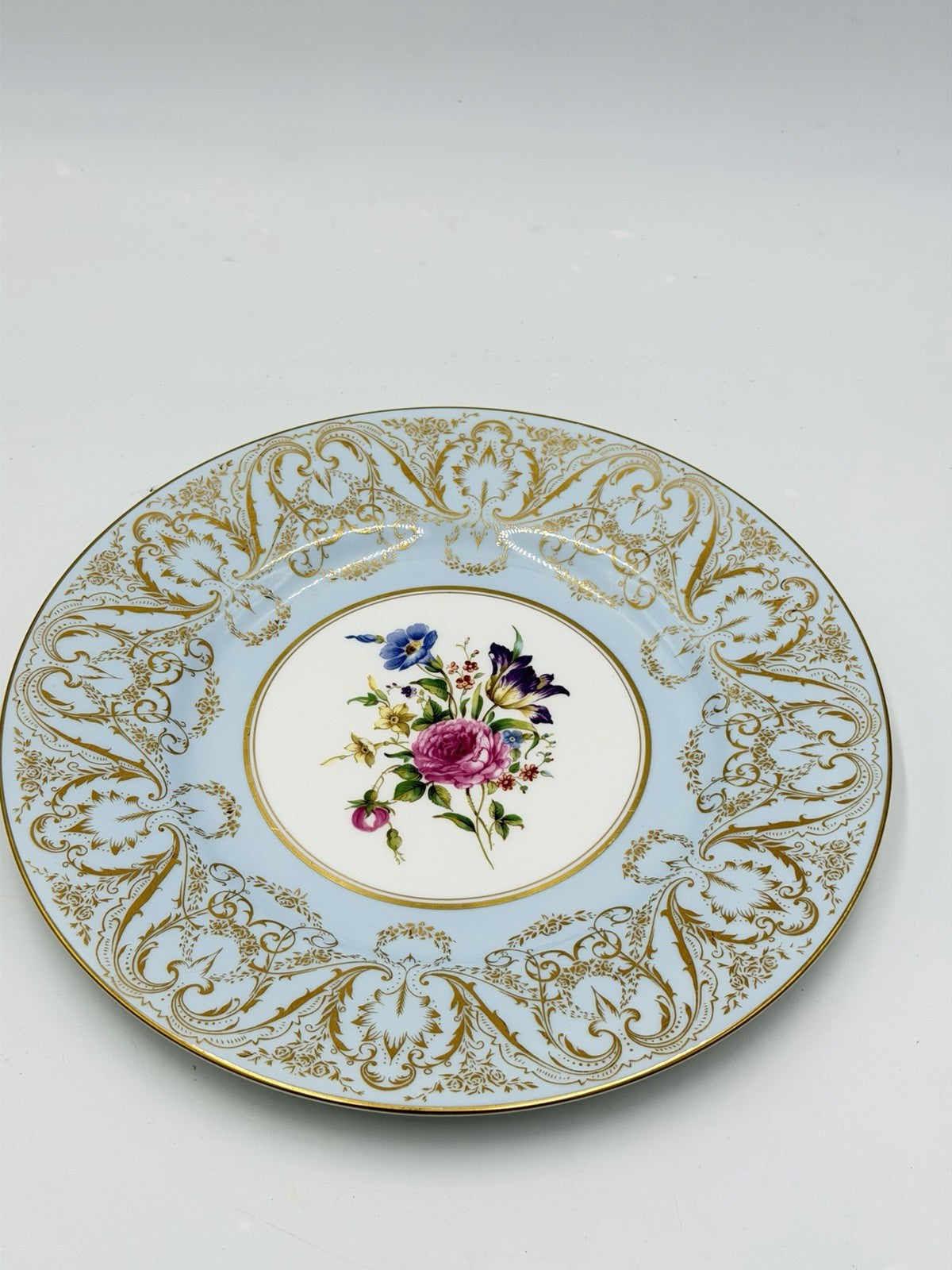 Royal Worcester England Embellished Floral Light Blue Gold Trim Dinner 10” Plate