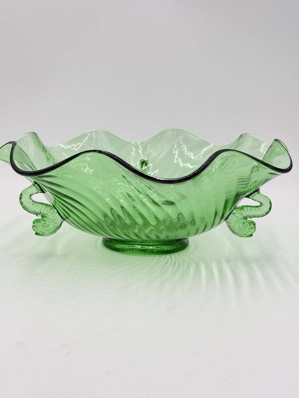 Rare Fenton Art Glass Green Emerald Scalloped Dolphin Art Deco Candy Bowl 3”x9”h