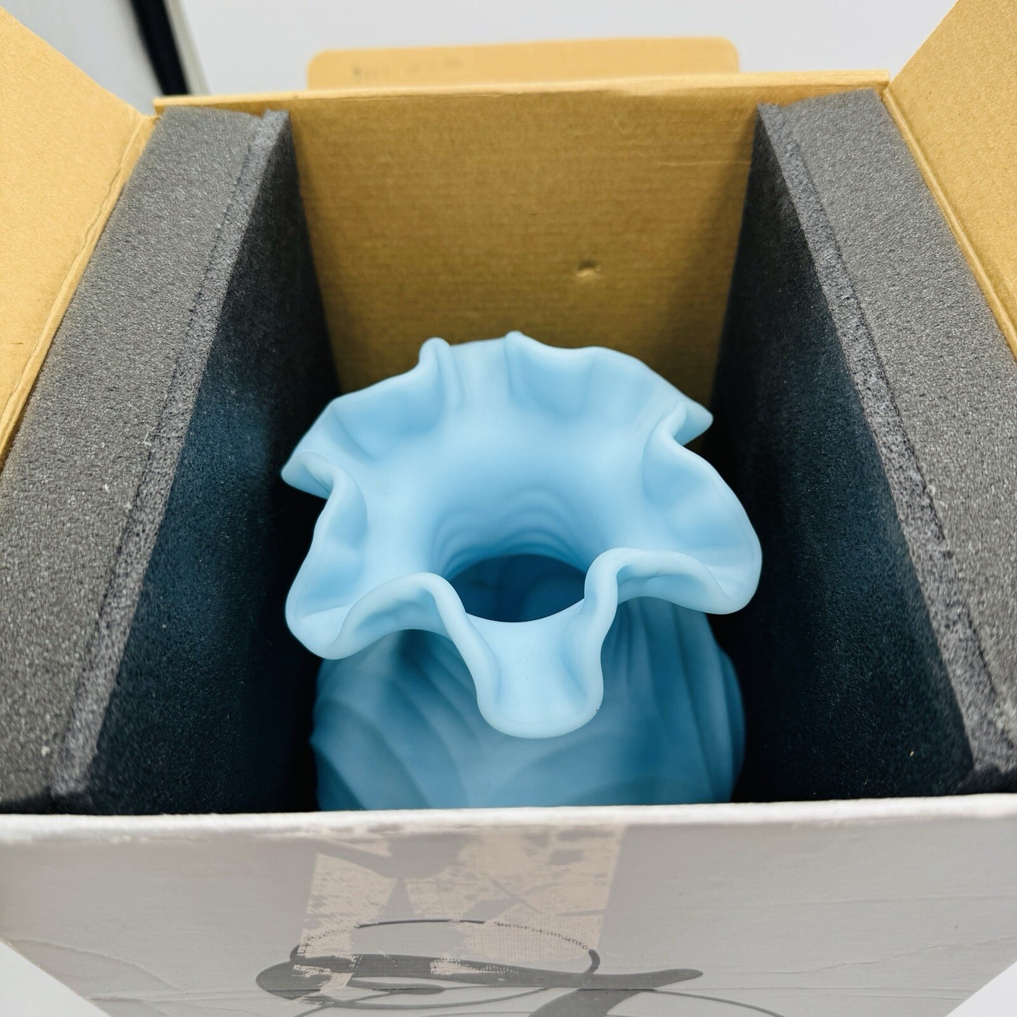 Fenton Draped Blue Satin Glass Vase Vintage Art Glass Ruffled Edge Drapery 8in