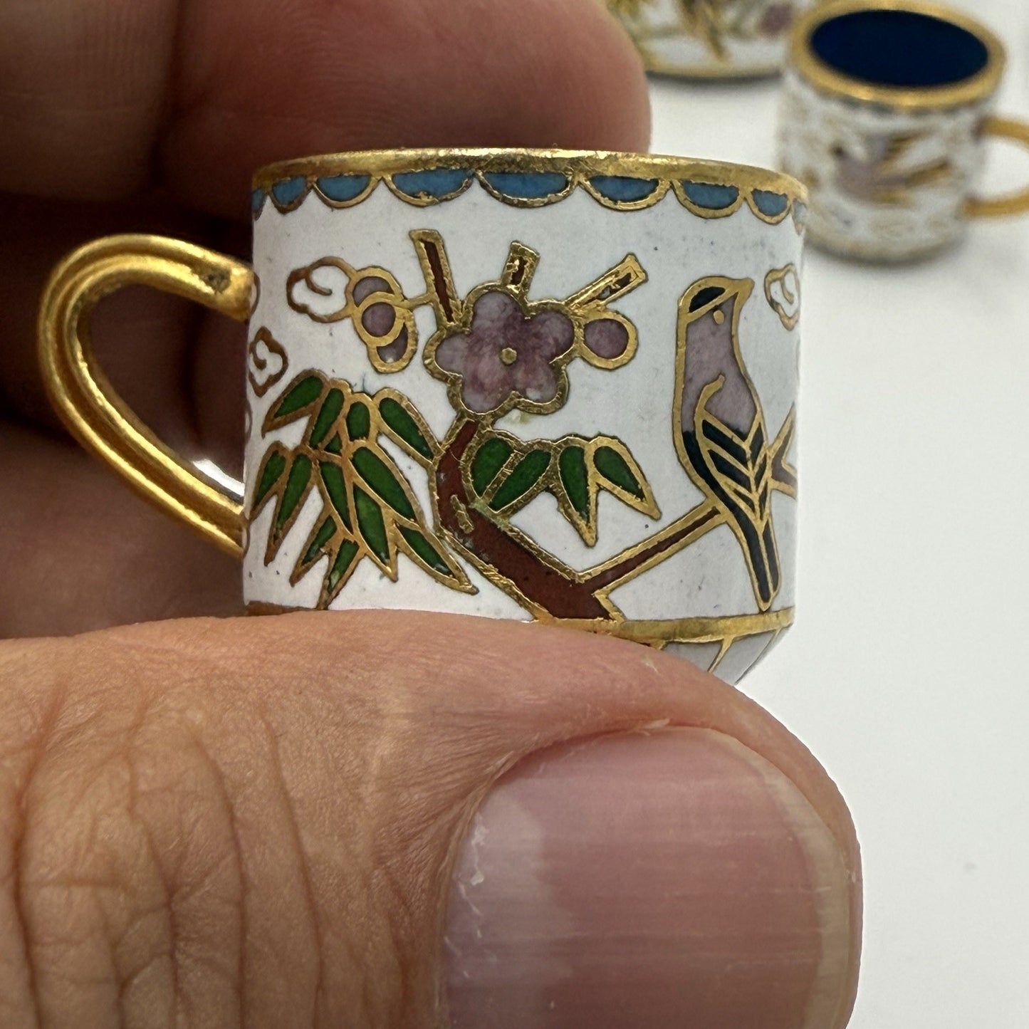 Vtg Cloisonné Enamel Chinese Bird Pattern Miniature Tea Set Dollhouse 6 PCs