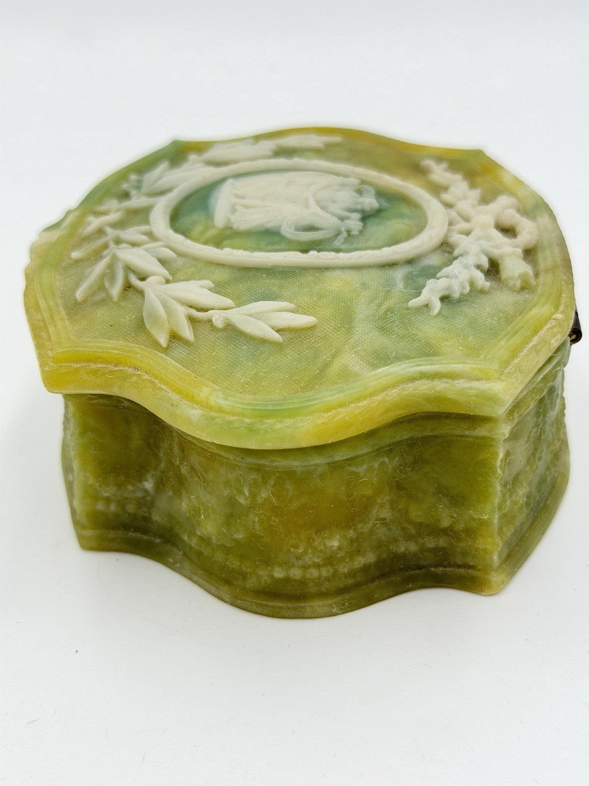 Vintage Incolay Stone Green Victorian Dancers Jewelry Trinket Box 5 x 4 x 2" USA