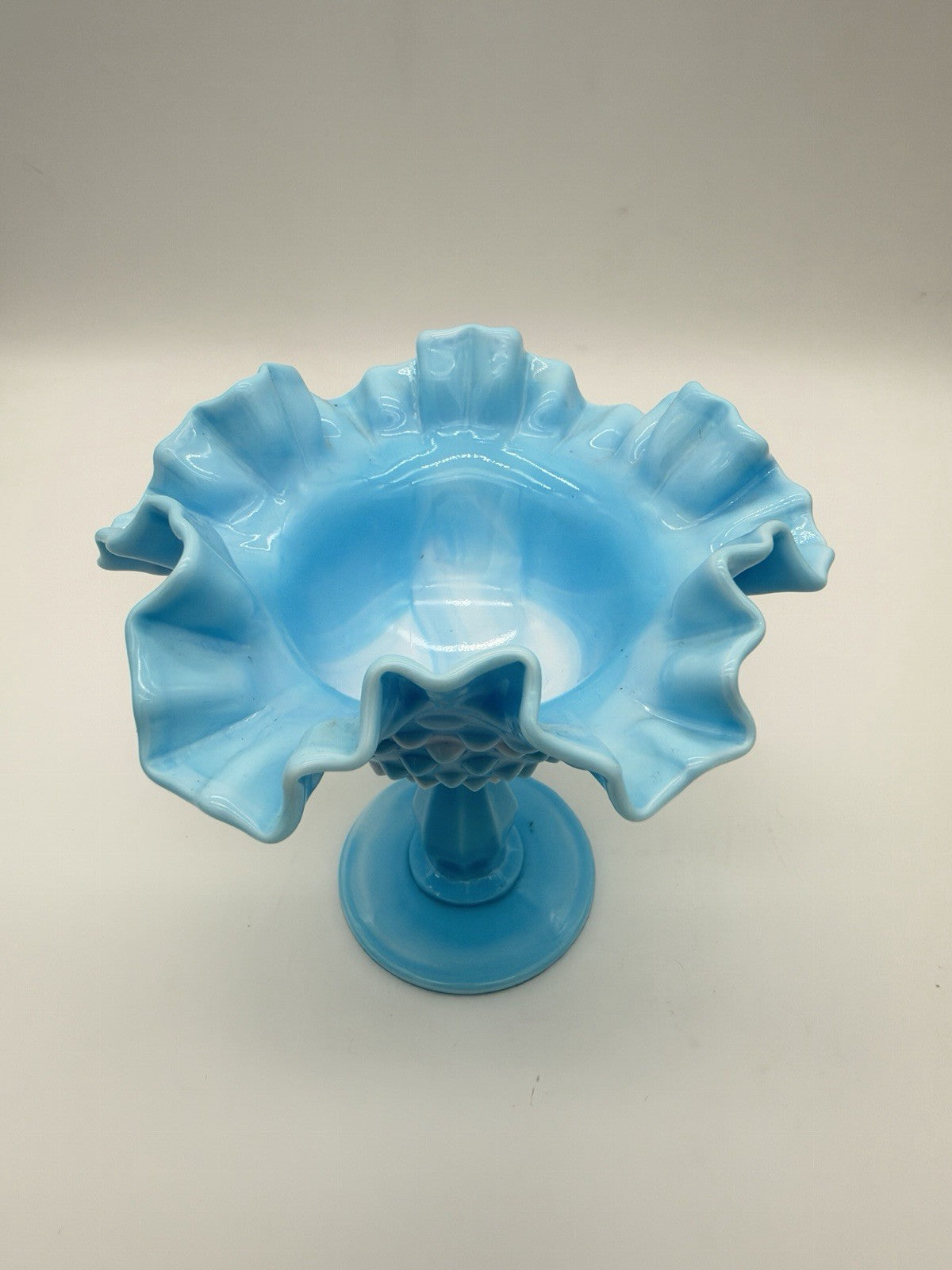 Fenton Blue White Slag Glass Hobnail Pedestal Compote Vtg Ruffled Edge 5.5”x6”