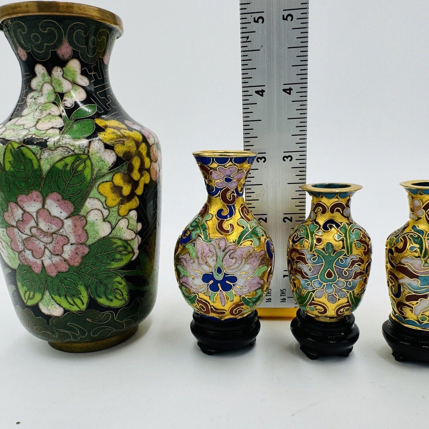 Vintage Cloisonné Enamel Mini Vases Set 6 Pieces Floral