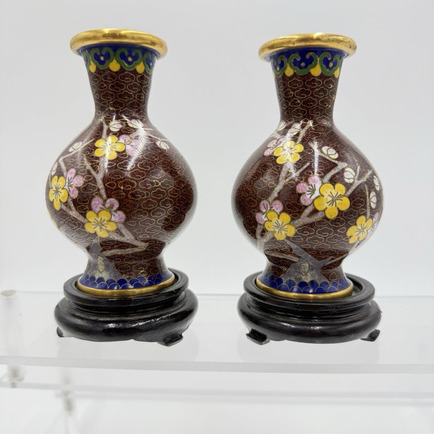 Vintage Cloisonne Enameled Cherry Blossom Brown Mini Vases Brass Chinese 4” Pair