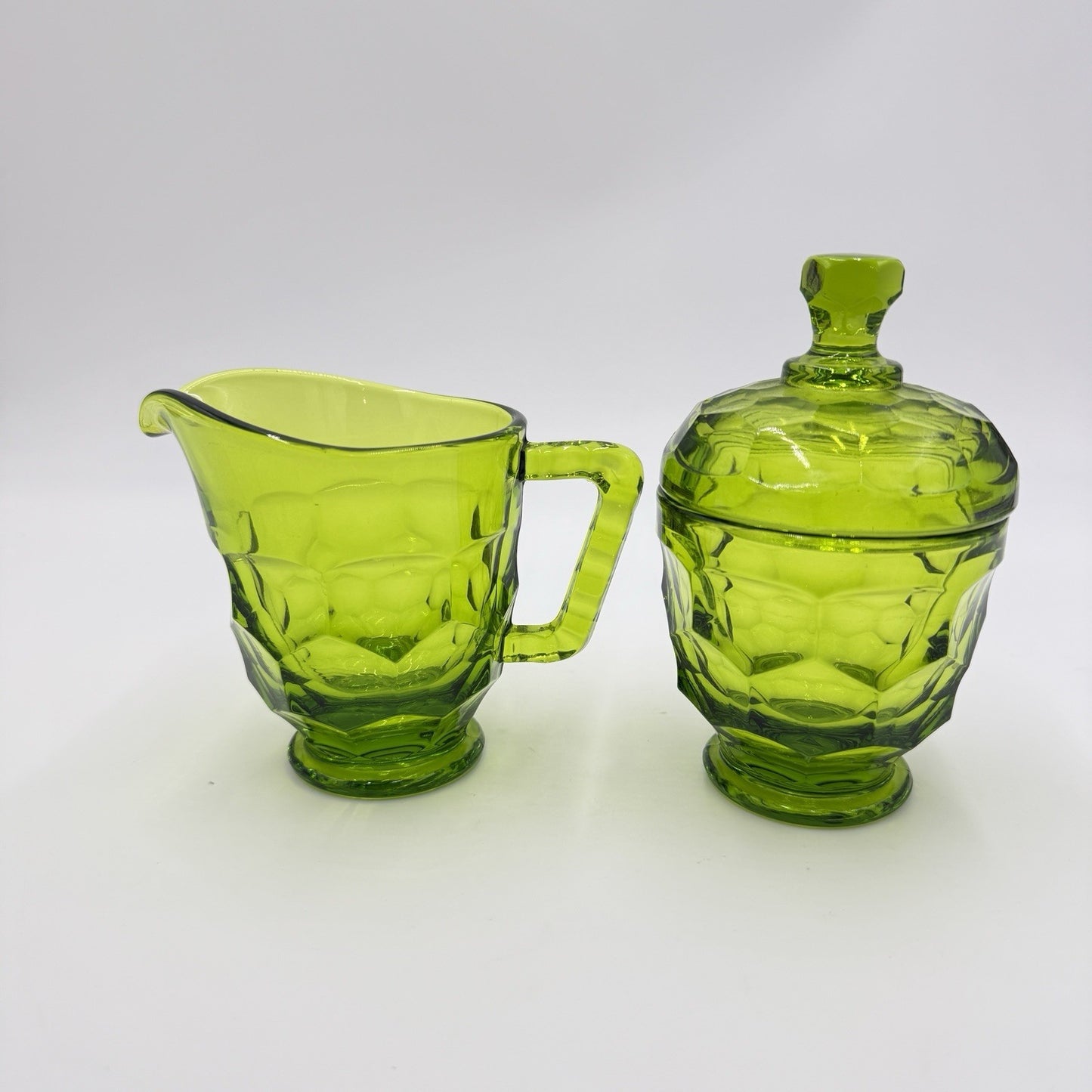 MCM Viking Art Glass GREEN GEORGIAN New Martinsville Cream and Sugar Set