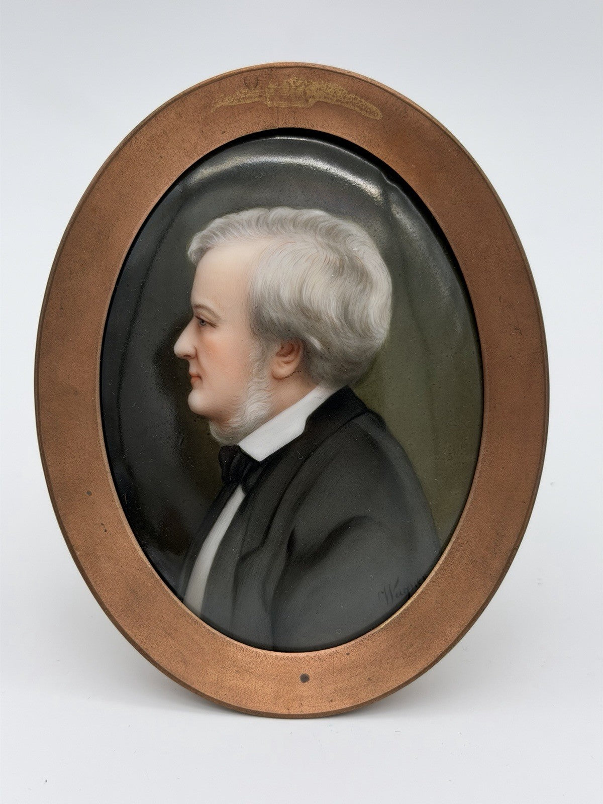 Antique Portrait Painting Porcelain Richard Wagner Bronze Oval Frame Small