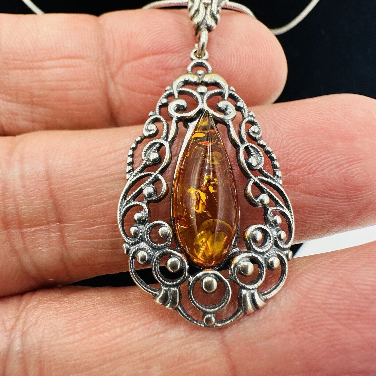 Baltic Women Jewelry Necklace Pendant Earrings Set Amber Sterling Silver Vintage
