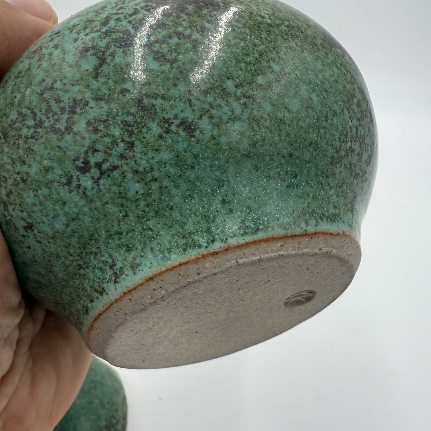 KK signed studio art pottery stoneware trinket dish green 4”vintage Rare W/lid